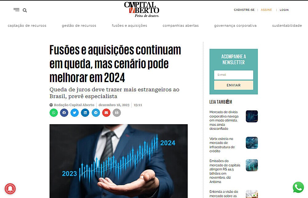 Fuses e aquisies continuam em queda, mas cenrio pode melhorar em 2024